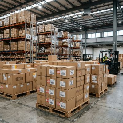 Boxes being prepared for international delivery through Flocargo logistics services.
