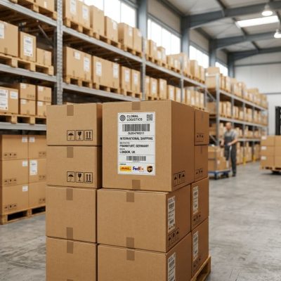 Cardboard packages being prepared for international transit from US stores to Nigeria.