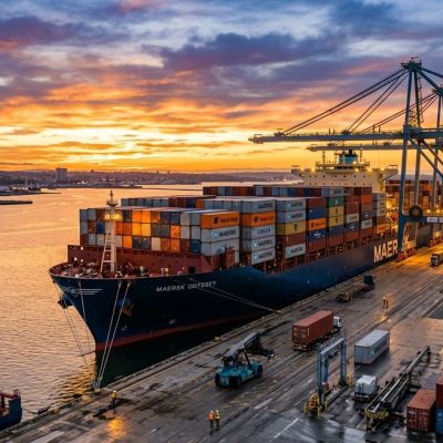 Large cargo ship at a port representing a professional USA-Nigeria Shipping company logistics operation.