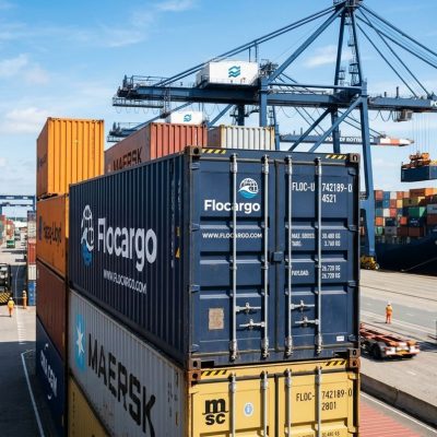 A modern shipping container representing a reliable USA-Nigeria Shipping company service at a global trade port.