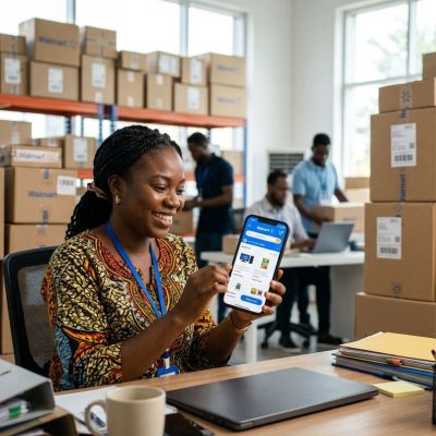 A happy shopper browsing for Walmart deals online to prepare for international shipping to Nigeria.