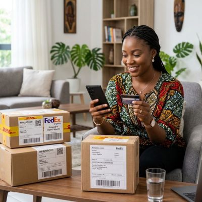 A person using a credit card for international online shopping with global shipping packages.