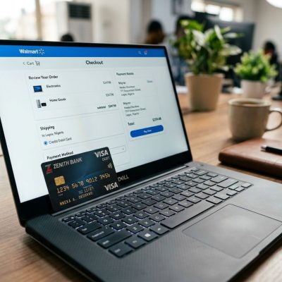 Close up of a Nigerian bank card being used to shop on the Walmart website on a laptop.
