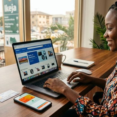 A shopper in Nigeria using a virtual Walmart Pay Nigeria Card for international online shopping.