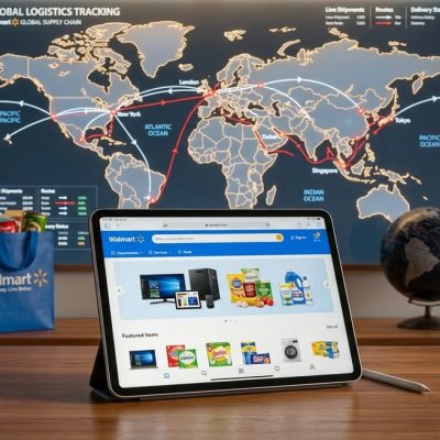 Woman shopping on Walmart online using a tablet for global delivery to Nigeria.