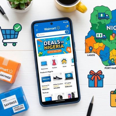 Online shopping interface showing Walmart sales with shipping logistics icons for Nigeria customers